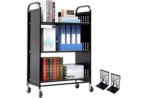 GLOWSOL Book Cart with Wheels, 200LBS Steel Library Cart, 30x14x49 Inch Rolling Carts with 3 Layer Bookshelf, Single Sided V-Shaped Shelves, Lockable Bookcase Truck for Office, Home, School Organizer (Black)