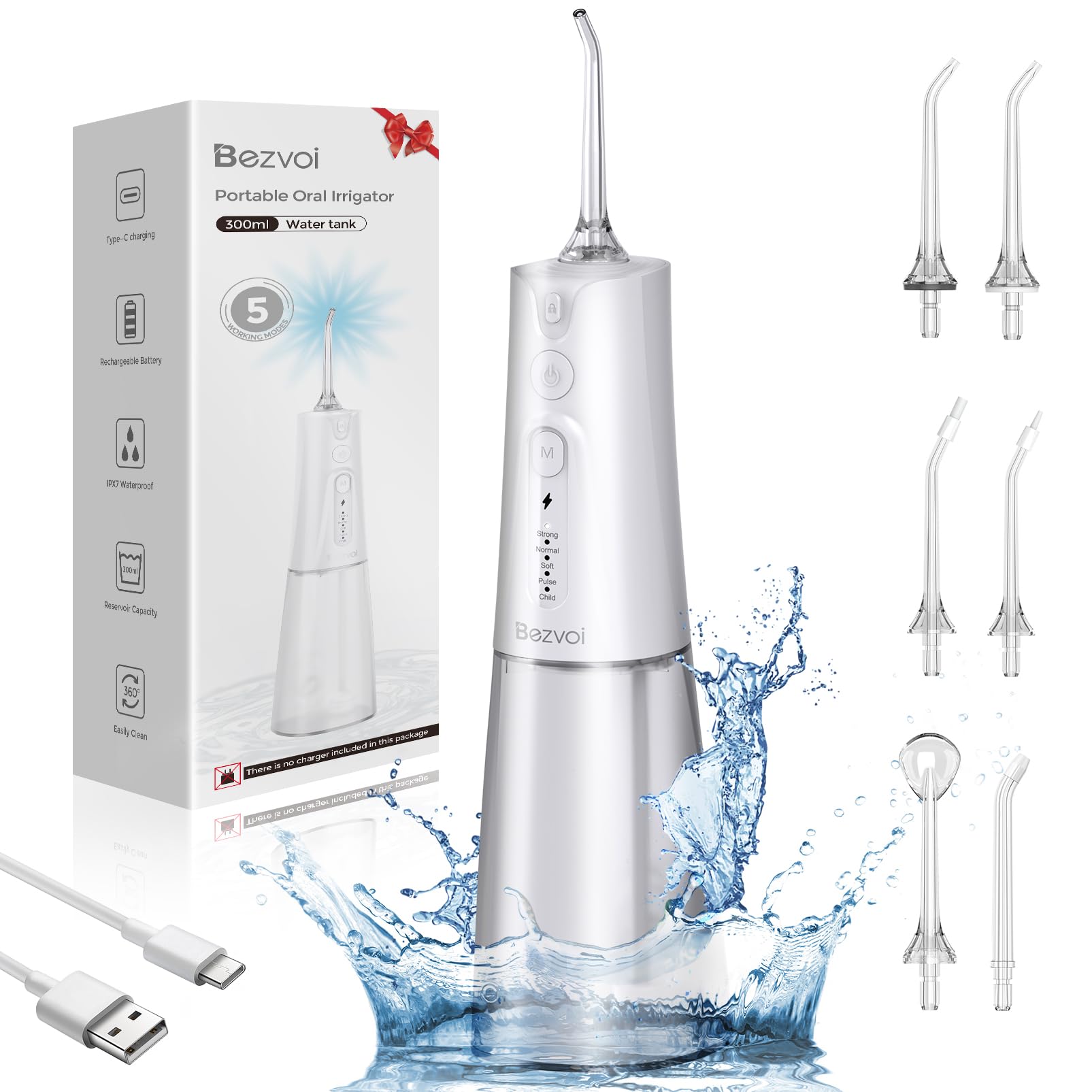 Water Flosser for Teeth Cordless: LED Display 5 Modes Professional Water Floss with 300ML Water Tank
