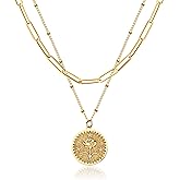 Valloey Rover Gold Layered Coin Necklace for Women Birth Flower Necklace 14K Gold Plated Dainty Carved Floral Pendant Necklace Personalized Engrave Double Layered Month Necklace for Birthday Jewelry