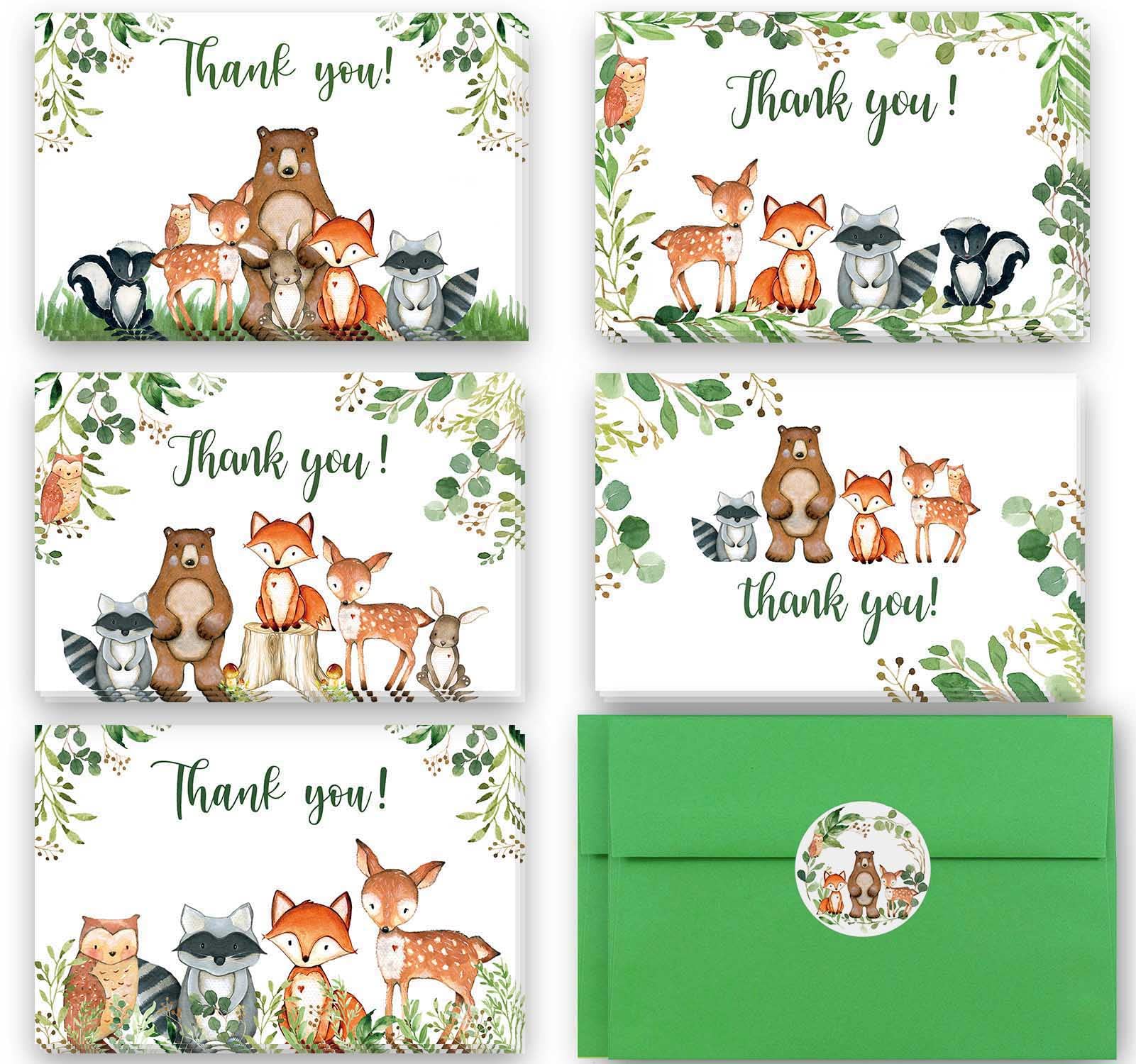 Photo 1 of 50 Woodland Thank You Cards, 4x6" Forest Animals Greenery Thank You Notes with Matching Green Envelopes & Stickers, Woodland Creatures Notecards Perfect for Woodland Baby Shower and Birthday Party