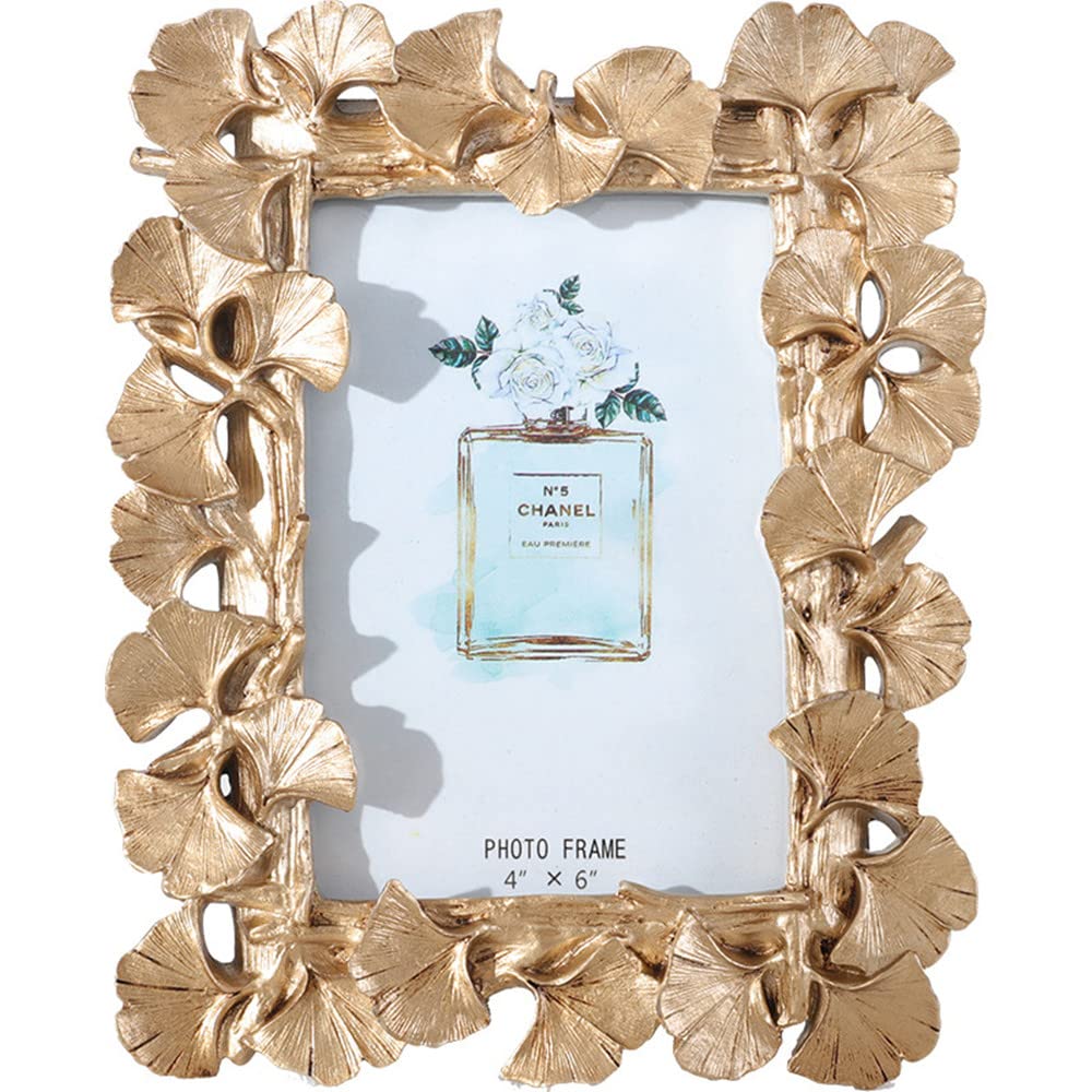 JOSON Vintage Photo Frame, Ginkgo Biloba Resin Gold Frame for Desktop Display and Wall Mount Home Decor (6 X8 Oblong)