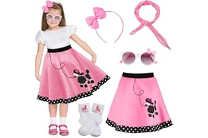 FAYBOX Poodle Skirts 50s Outfit for Girls, 1950s Polka Dot Poodle Skirt with Scarf, Glasses and Socks