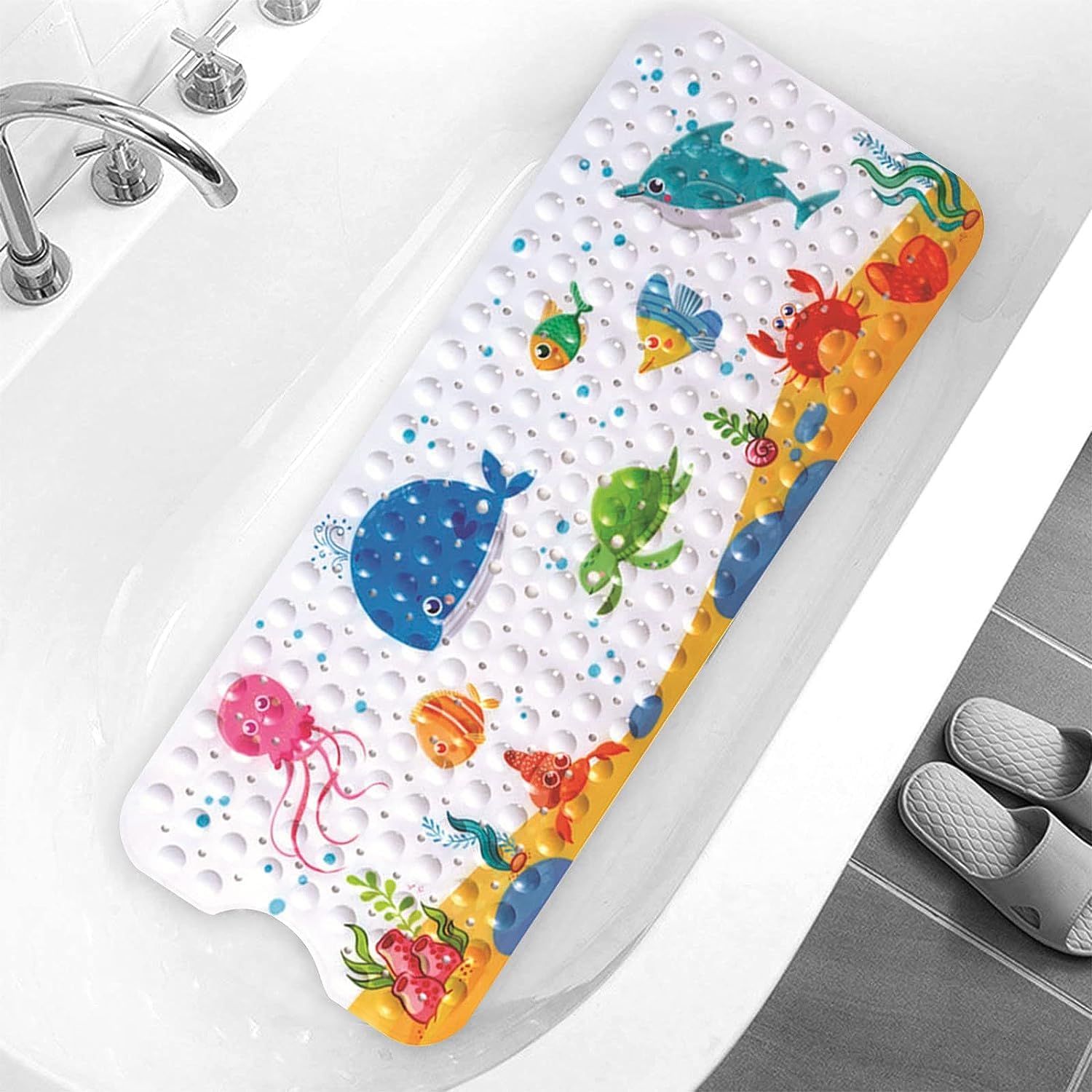 LATERN Bathtub Mat for Kid, 100CM x 40CM Extra Long Bath Tub Mat Anti Slip Shower Mat with Suction Cups and Drain Holes for Bathroom Wet Floor - Machine Washable (Dolphin)