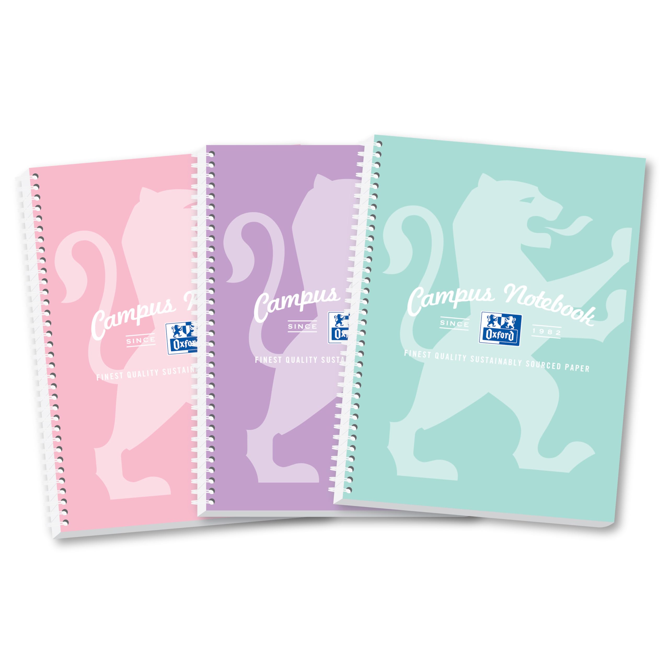 Oxford Campus Pastel A4 Notebooks, 140 Page Wirebound Pads with Premium Optik Paper+, Easy Tear Perforation, 8 mm Lined with Margin, Pack of 3 Notepads