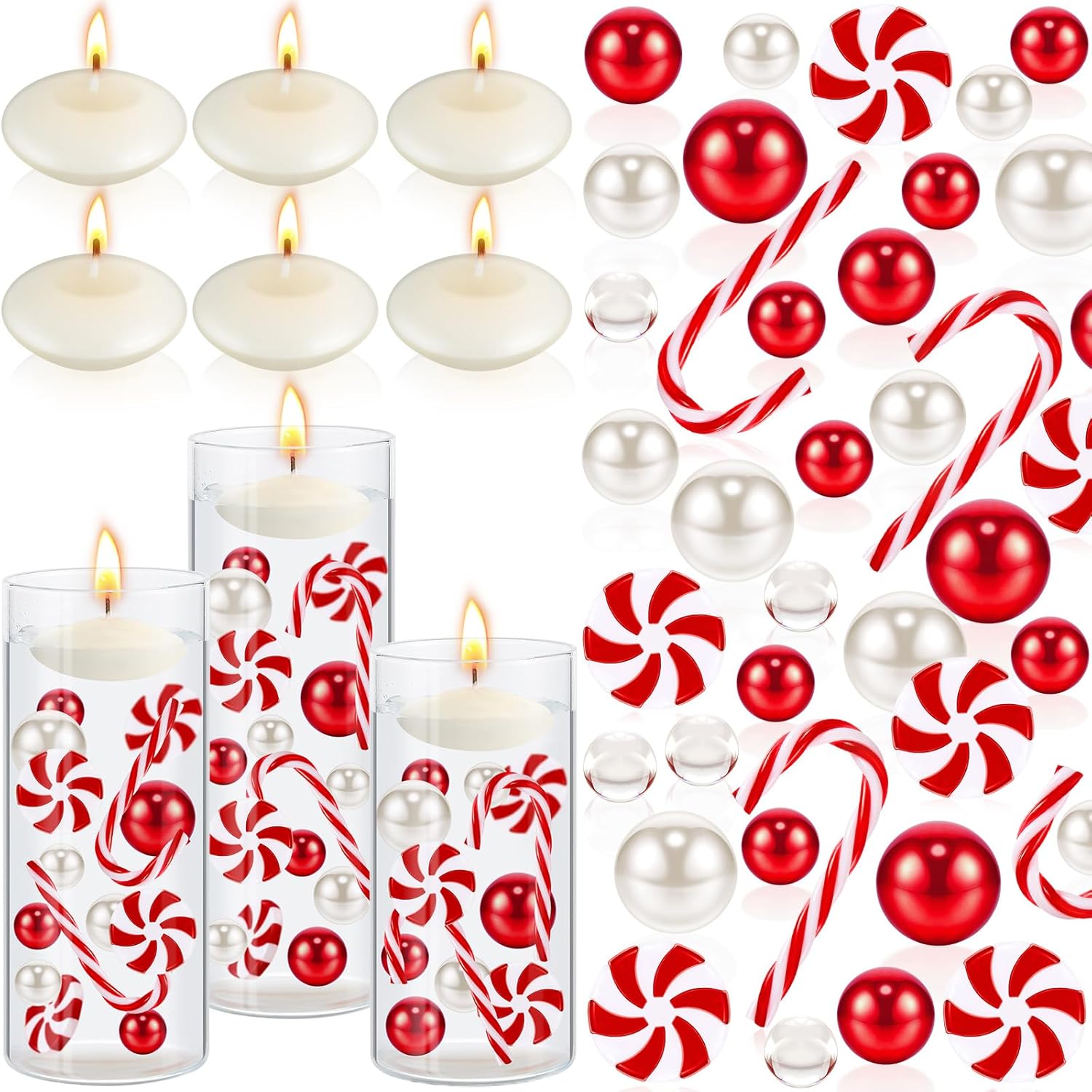 Vase Fillers - Suttmin 2125 Pcs Christmas Vase Fillers Pearls for Vase Filler with 3 Glass Cylinder Vases for Centerpieces 6 Candles for Christmas Table Party Festival Candle Decor (Red White,Cute)