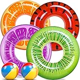 FindUWill 6 Pack Pool Floats Kids, Pool Swim Tubes Rings(4 Pack) - 4Pcs Inflatable Big Floaties Beach Swimming Toys with 2Pcs Beach Balls for Adults Raft Floaties Toddlers