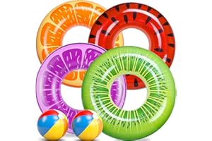 FindUWill 6 Pack Pool Floats Kids, Pool Swim Tubes Rings(4 Pack) - 4Pcs Inflatable Big Floaties Beach Swimming Toys with 2Pcs Beach Balls for Adults Raft Floaties Toddlers