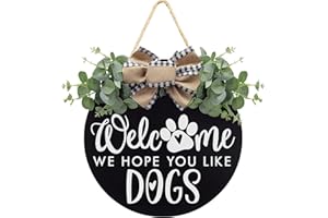 ASOULIN Welcome We Hope You Like Dogs Farmhouse Door Sign for Front Door Porch Decor with Eucalyptus Leaves & Buffalo Bow - Welcome Wreath Sign Hanging for Dogs Lovers Christmas Decoration Housewarming Gift