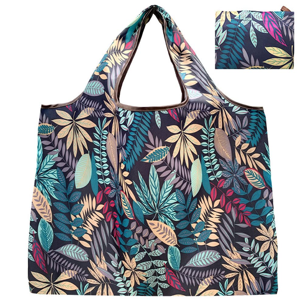 HYMUUNI Large Foldable Shopping Tote Bag Water Resistant Shopping Tote Bag Reusable Eco Waterproof Tote Shopping Bag for Daily Use in Pocket (Leaves)