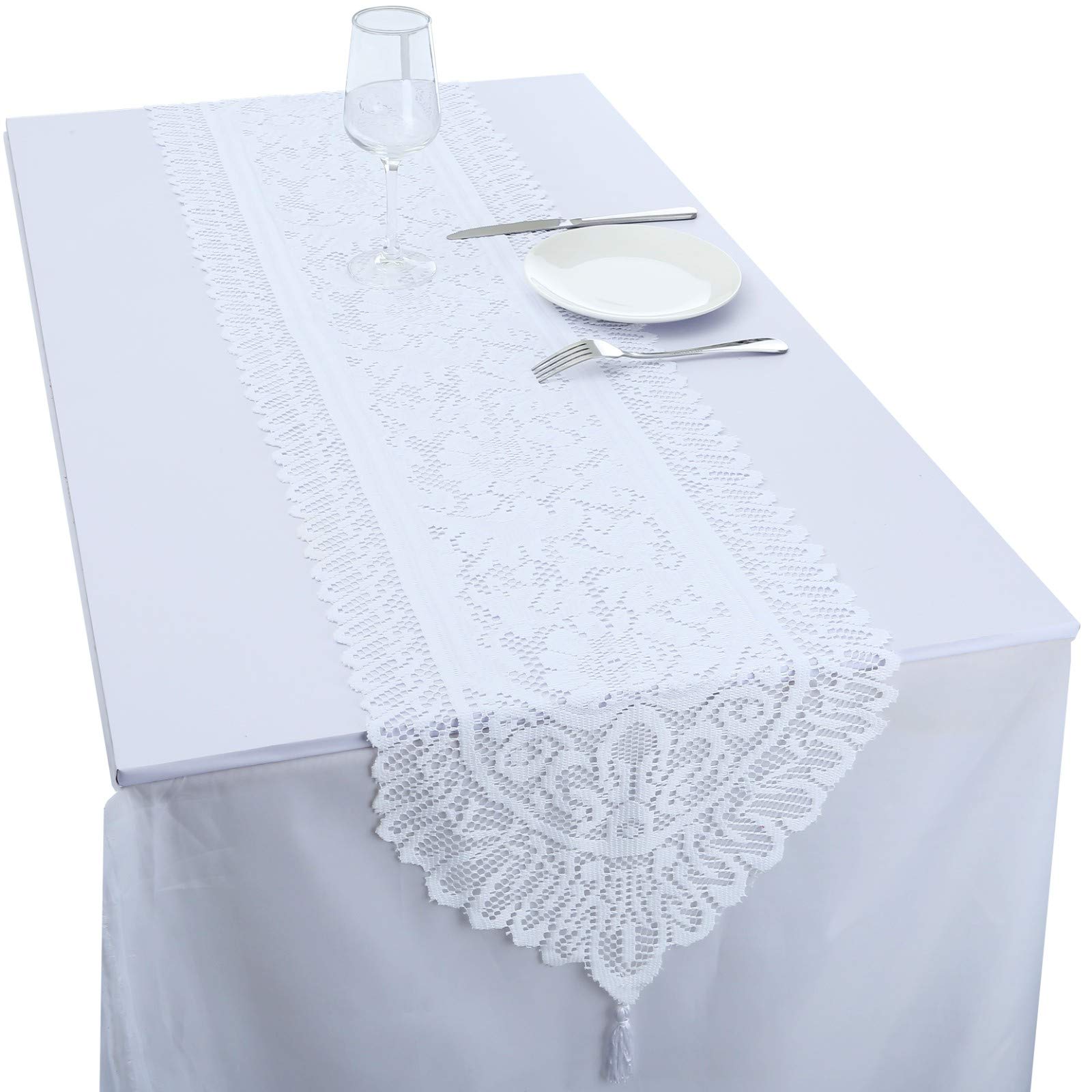 mookaitedecor 13x70 Inch White Lace Table Runner for Wedding Festival Party Christmas Table Centrepiece Living Room Home Desk Decor, Vintage Elegant Floral Dinner Table Runner with Tassels