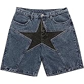 Vamtac Mens Patchwork Denim Shorts Straight Leg Star Jeans Unisex Steetwear Y2K Hip Hop Jorts for Women