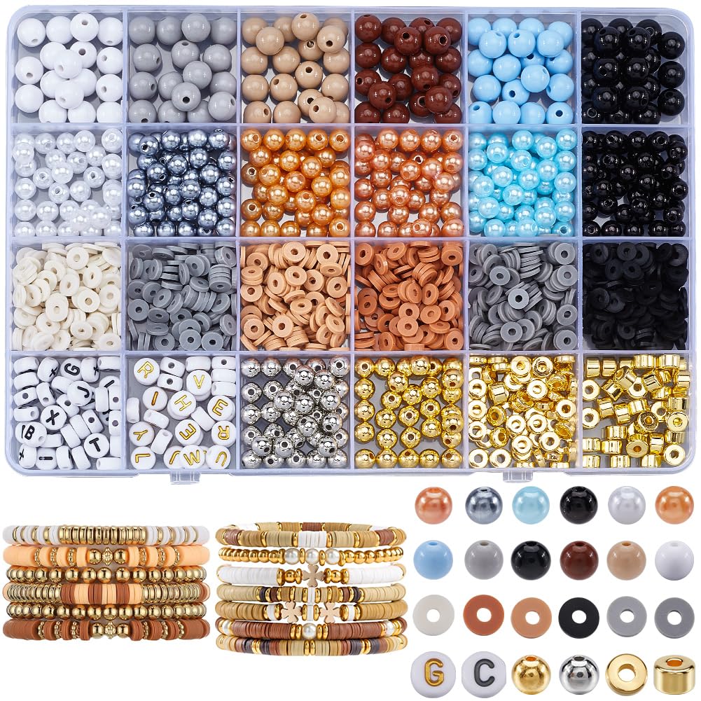 SOFPLATE 1 Box 2220Pcs Friendship Bracelet Kit Brown Clay Beads Bracelet Making Kit Plastic Flat Round Polymer Heishi Spacer Beads with Letters Kits for Jewelry Bracelets Making Accessories DIY Crafts