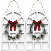2 Pack Wooden Christmas Window Wall Hanging Decor | Rustic Farmhouse Plaque Signs with Wreath Bow Holiday Indoor Door Home Decoration Set