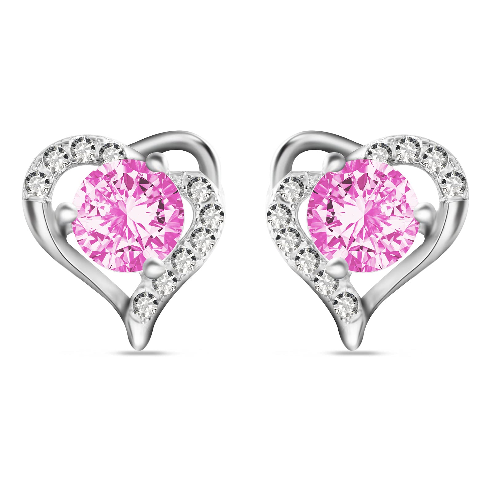 Sterling Silver Earrings For Women Girl, Perfect Heart Shape Silver Stud Earrings in Elegant Gift Box Packaging, Size：10mm（Pink）