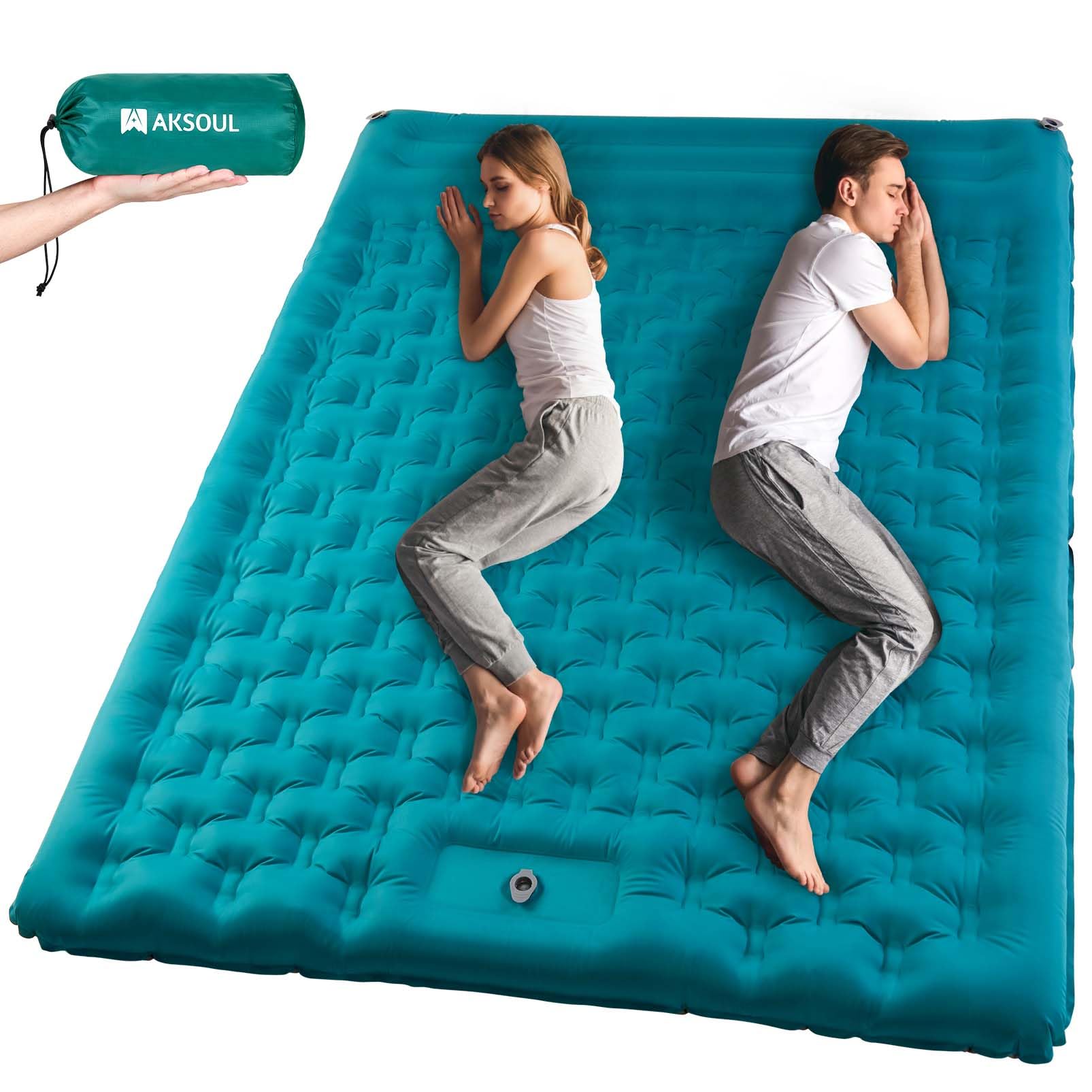 AKSOUL Double Self-Inflating Sleeping Mat for Camping: Ultra Wide & Thick Inflatable Mattress for 2 Persons - Lightweight Portable Bed Sleep Pad with Built-in Foot Pump for Camp Hiking Travel