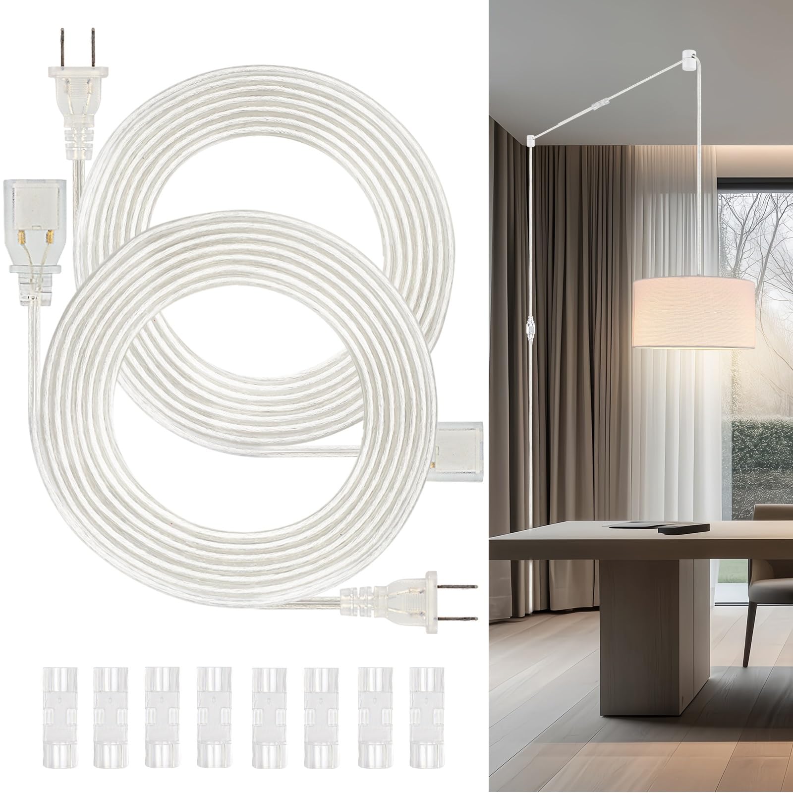 Photo 1 of 2 Pack 10FT Clear Extension Cord Indoor Thin, Invisible Extension Cord with UL-Certified, 2x18 AWG Male to Female Transparent Power Cable, 250V 10A 2 Prong Clear Line Cable for Light Fixtures