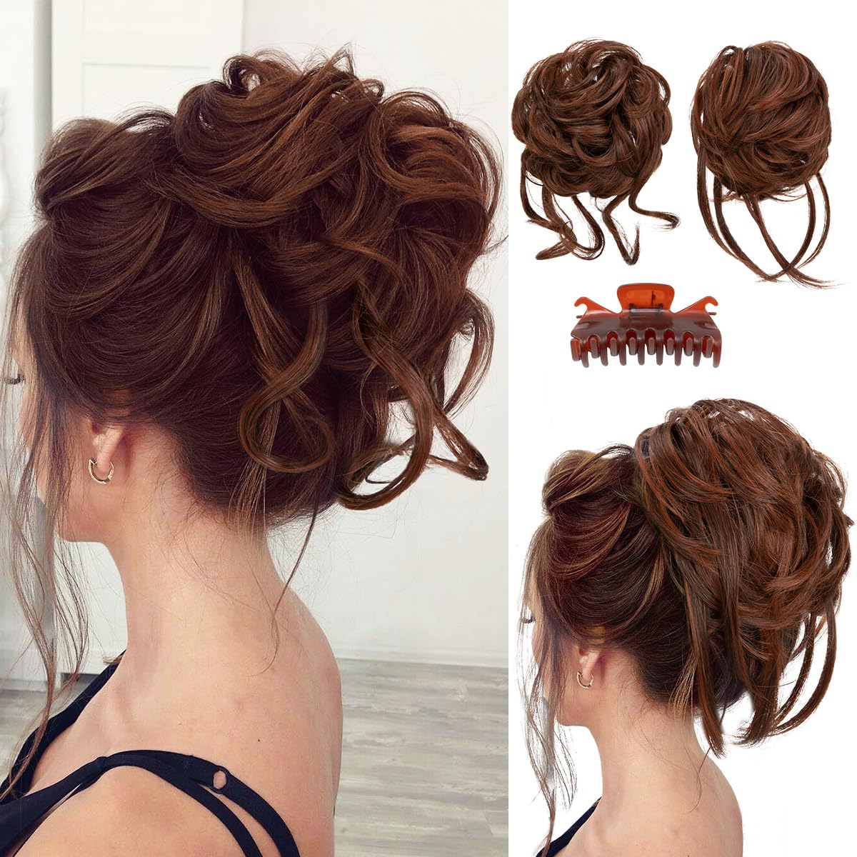Photo 1 of SARLA 2PCS Messy Bun Hair Pieces for Women Detachable Claw Clip Wavy Curly Synthetic Hairpieces for Updos with Tendrils Fake Scrunchies Ponytail Extension Red Vino