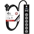 GE 6-Outlet Surge Protector, 4 Ft Extension Cord, Power Strip, 800 Joules, Flat Plug, Twist-to-Close Safety Covers, Protected Indicator Light, UL Listed, Black, 33659