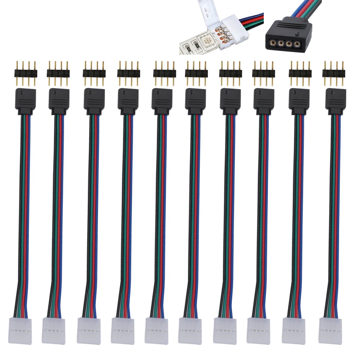 WOWLED 10 x RGB 5050 3528 LED Strip Lights Connectors, 4 Pin 10mm Male Female PCB Connector Cable For RGB Strips Light Accessories Adapter Cable for TV Backlights Cupboard Strips 4 Pin Male Connector