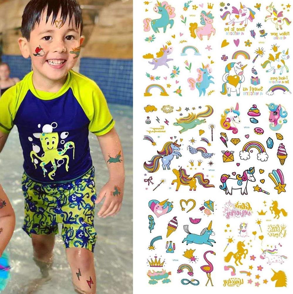 Unicorn Tattoos for Kids, BILBAL 200 Tattoos (6 Sheets) Fake Waterproof Tattoos with Sparkle Gold Glitter, Party Favors and Supplies for Children Kids Girls Boys Adults