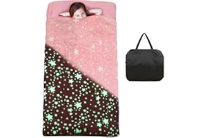 VINILITE Kids Sleeping Bags Glow in The Dark, Thicken Soft Warm Furry Flannel Luminous Slumber Bag with Pillow Pocket, Slumber Sack Napmat for Boys Girls Gift Sleepover Daycare Preschool