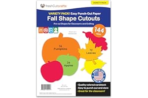 FRESHCUT CRAFTS 144 Pieces Fall Leaves, Pumpkins, and Apples Punch Out Paper Cutouts in Fall Colors, 2-Sided US Made Card Stock for Thanskgiving and Halloween Crafts, Bulletin Boards, Classroom Decor, Festive Events