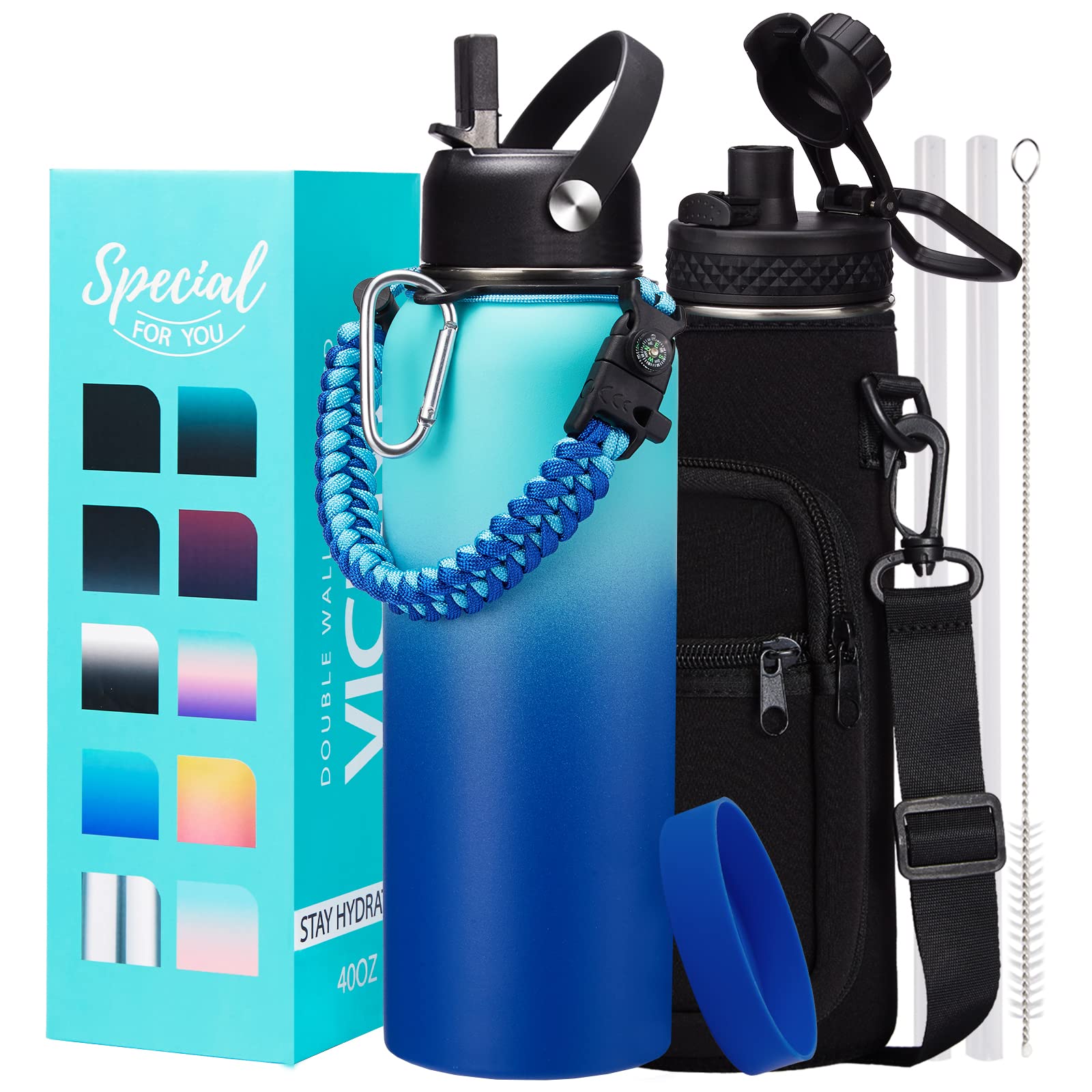 Photo 1 of Metal Water Bottle 40oz - Stainless Steel Water Bottles with Straw Spout Lid, Sleeve Carry Strap, Vacuum Insulated, Leak Proof, BPA Free Water Jug, Modern Reusable Waterbottle Gym Biking Camping