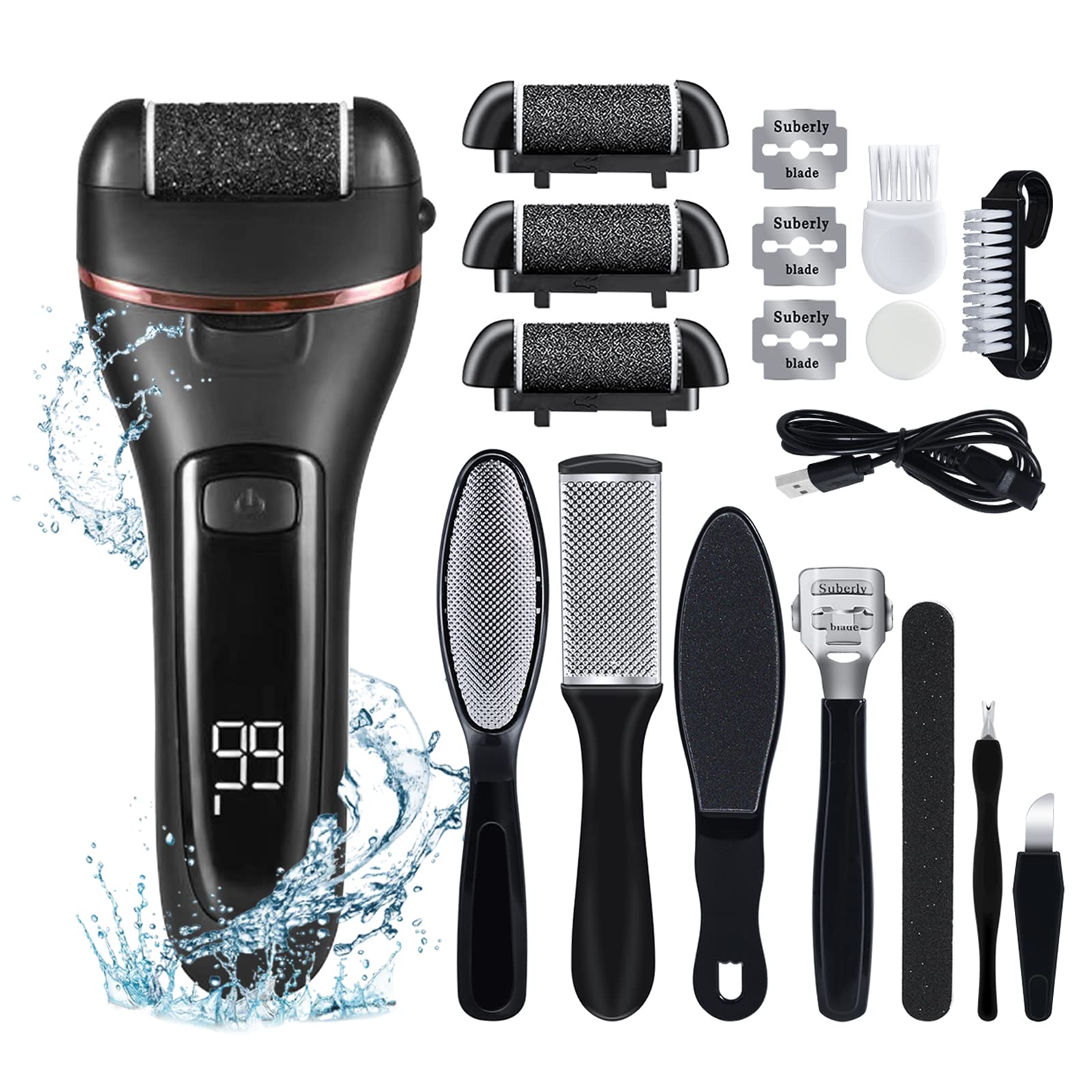 KMYC Electric Foot File, Rechargeable Callus Remover Scraper with Replacement Rollers for Hard Dead Skin Dry Heels, Pedicure Sets for Feet Care, Black