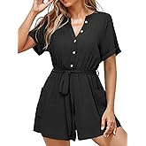 Simplee Women Summer Short Rompers V Neck Button Down Short Sleeve Belted Waist Tie Jumpsuits with Pockets