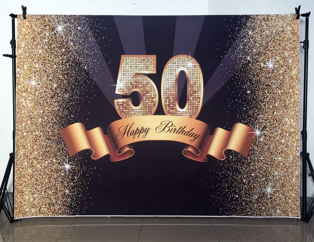 MEHOFOTO Photo Studio Booth Background Happy Birthday Party Banner Backdrops for Photography, 50th Birthday-Gold, 8x6' - Image 5