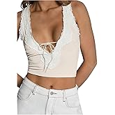 WDIRARA Women's V Neck Lace Patchwork Crop Tank Top Y2k Knotted Front Cami Tops