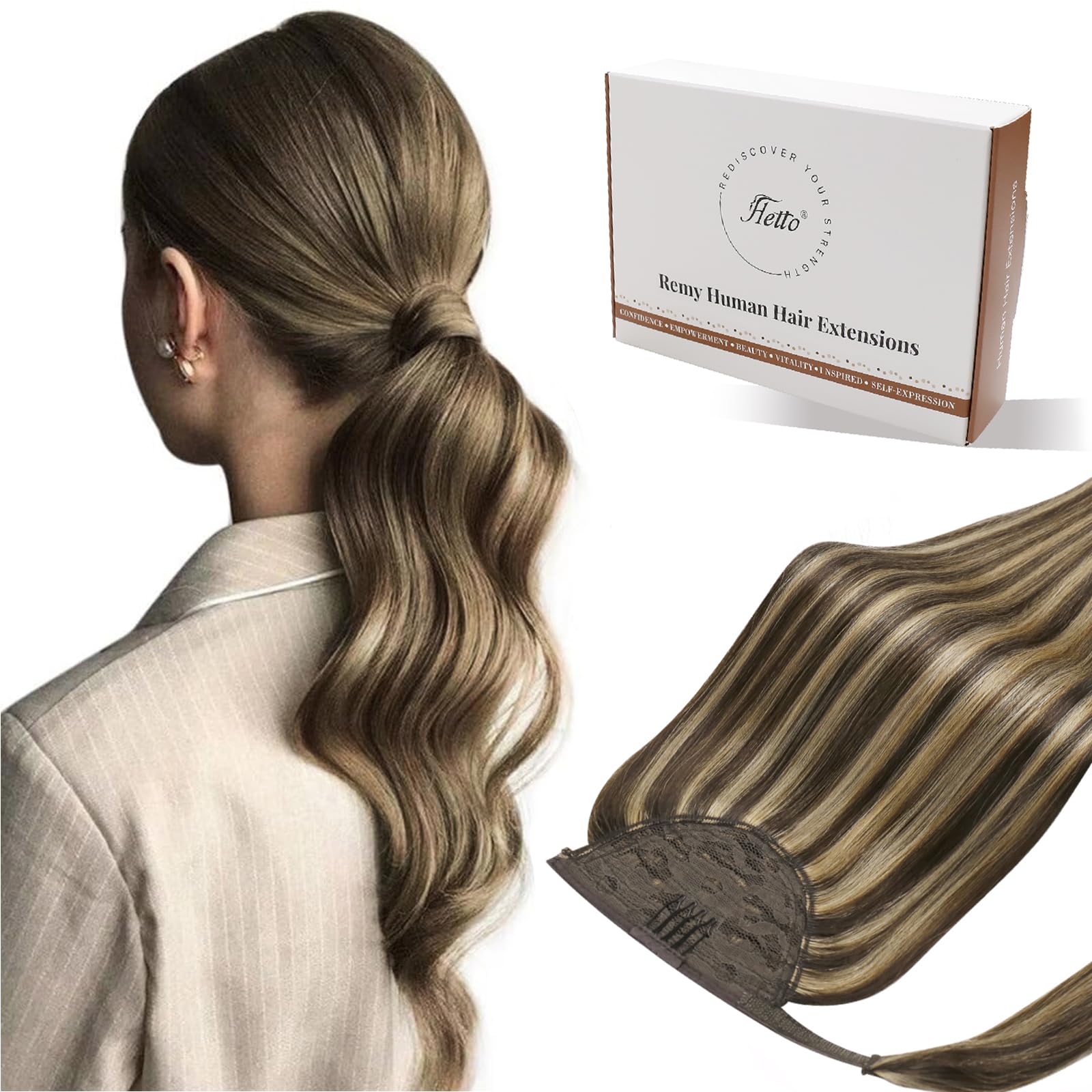 Hetto Hair Extension Ponytail Brown Clip in Ponytail Hair Extensions Human Hair Secure Wrap Around Real Hairpiece for Gym & Outdoor Activities #P4/27 14 Inch 70g — image 1