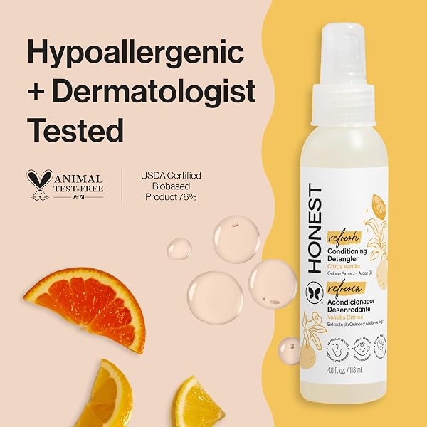 THE HONEST COMPANY CONDITIONING HAIR DETANGLER 3-PACK LEAVE-IN CONDITIONER AND FORTIFYING SPRAY, TEAR FREE CRUELTY-FREE, HYPOALLERGENIC, CITRUS VANILLA REFRESH, 4 FL OZ, PACK OF 3