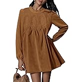 Athlisan Women's Fall Mini Dress Long Sleeve Faux Suede Lace Babydoll A-Line Swing Dress with Pockets(Brown-L)