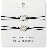 2 Piece Set Silver Double Oval Circle Link Charm Friendship Bracelets with Black Thread and Message Card, Perfect Jewelry Gift for Friend and Family, Adjustable Pull Thread Kindred Cord