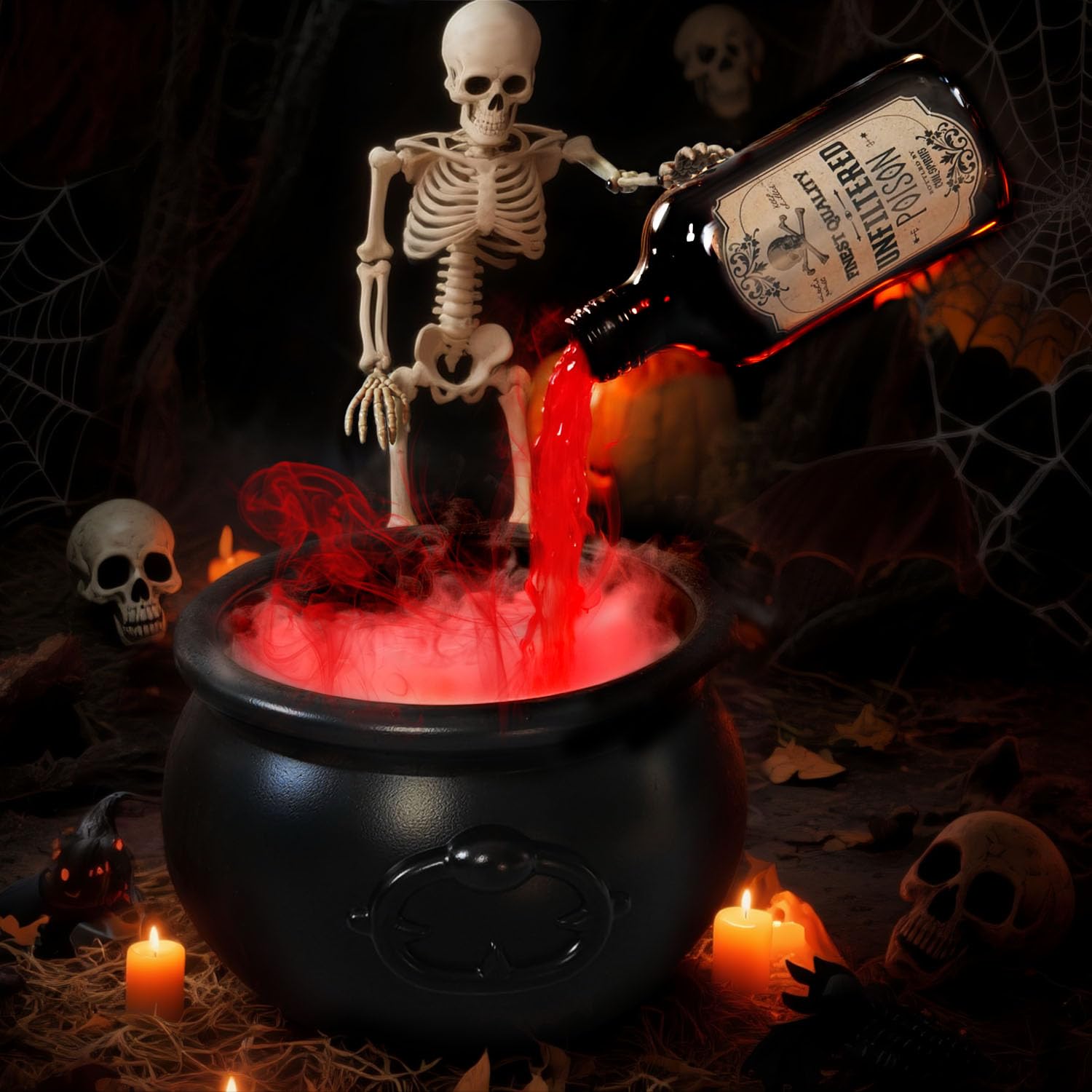 Photo 1 of Halloween Decoration Set, Ultrasonic Mist Maker Fogger with Black Witch Cauldron DIY Magic Floating Bottles Halloween Skeleton Splash Guard, Spooky Hocus Pocus Party Decor for Home Garden Kitchen Yard