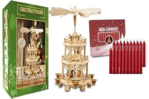 USA SUPREME German Christmas Decoration Pyramid and 20pcs Red Candles Included-Wood Nativity Scene -Christmas and Tabletop Holiday Decor-3 Tiers Carousel-6 Candle Holders-German Design (18 Inches 2.0, Natural)