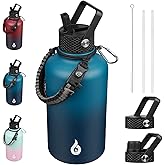 BJPKPK Half Gallon Insulated Water Bottles with 3 Lids and Paracord Strap, 64oz Large, Stainless Steel Water Bottles with Straw Lid, Half Gallon Water Jug,Vast