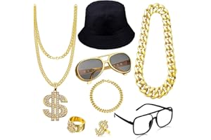 THOAML 80s 90s Hip Hop Costumes Outfit for Men, ﻿8 Pcs Fake Gold Chain Money Sign Necklace Sunglasses Hat, Dollar Sign Finger Ring for Men Women Rapper Jewelry Accessories