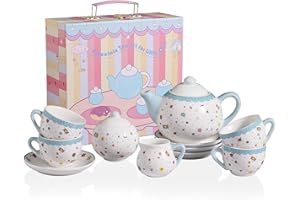 Sweejar Porcelain Tea Set for Little Girls,Kitchen Toys Tea Party Set for Kids Toddler Kitchen Pretend Toy Include Children Teapot, Cup & Saucer Sugar Bowl and Cream Pitcher(Sweet)