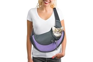 FunTags Dog and Cat Sling Carrier, Hands Free, Breathable Mesh, Adjustable, Travel Safe Sling Bag Carrier for Puppy Dogs Cats Rabbit, Purple, S for Pets 2-5lbs