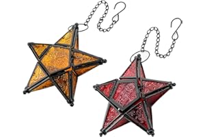 ROMADEDI Glass Star Lantern Hanging Ornaments - Tea Light Lantern Window Hangings Patio Balcony Living Room Decoration Vintage, Orange + Red