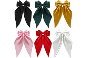 Loqpol 6 PCS Silky Satin Hair Bows, Oversized Long Tail Bows with Barrette Clips, Coquette Hair Accessories for Women and Girls (Black-Yellow-Green-Red-L. Pink-White)