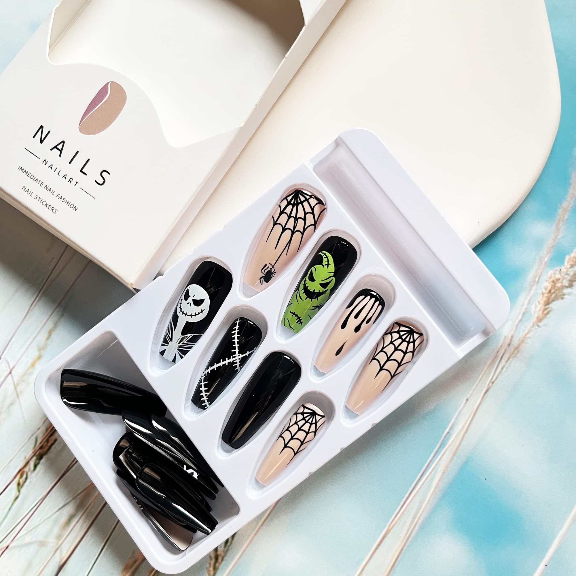 Halloween Press on Nails Long Coffin Spider Web Full Cover Fake Nails Nightmare Before Christmas Press on Nails Black Blood Stick on Nails Acrylic Nails for Women Men Girls - Image 4