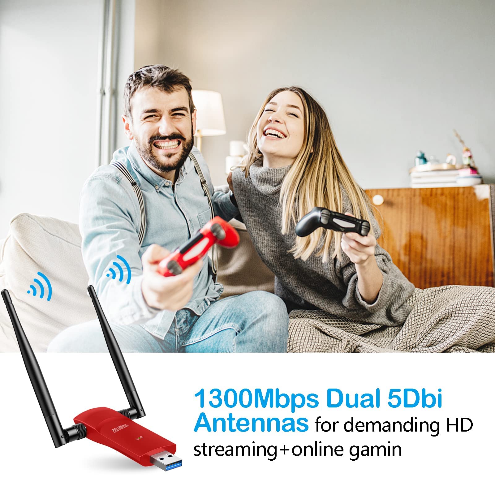 L-Link USB WiFi Adapter AC1300Mbps 3.0 Fast Connection for Desktop PC and Laptop with 2.4GHz, 5GHz High Gain Dual Band 5dBi Antenna, WiFi Dongle Supports Windows 10/8/8.1/7/Vista/XP/Mac OS/Linux