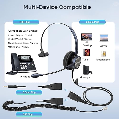 MAIRDI Telephone Headset with RJ9 Jack for Office Landline  Deskphone Cell Phone PC Laptop, Call Center