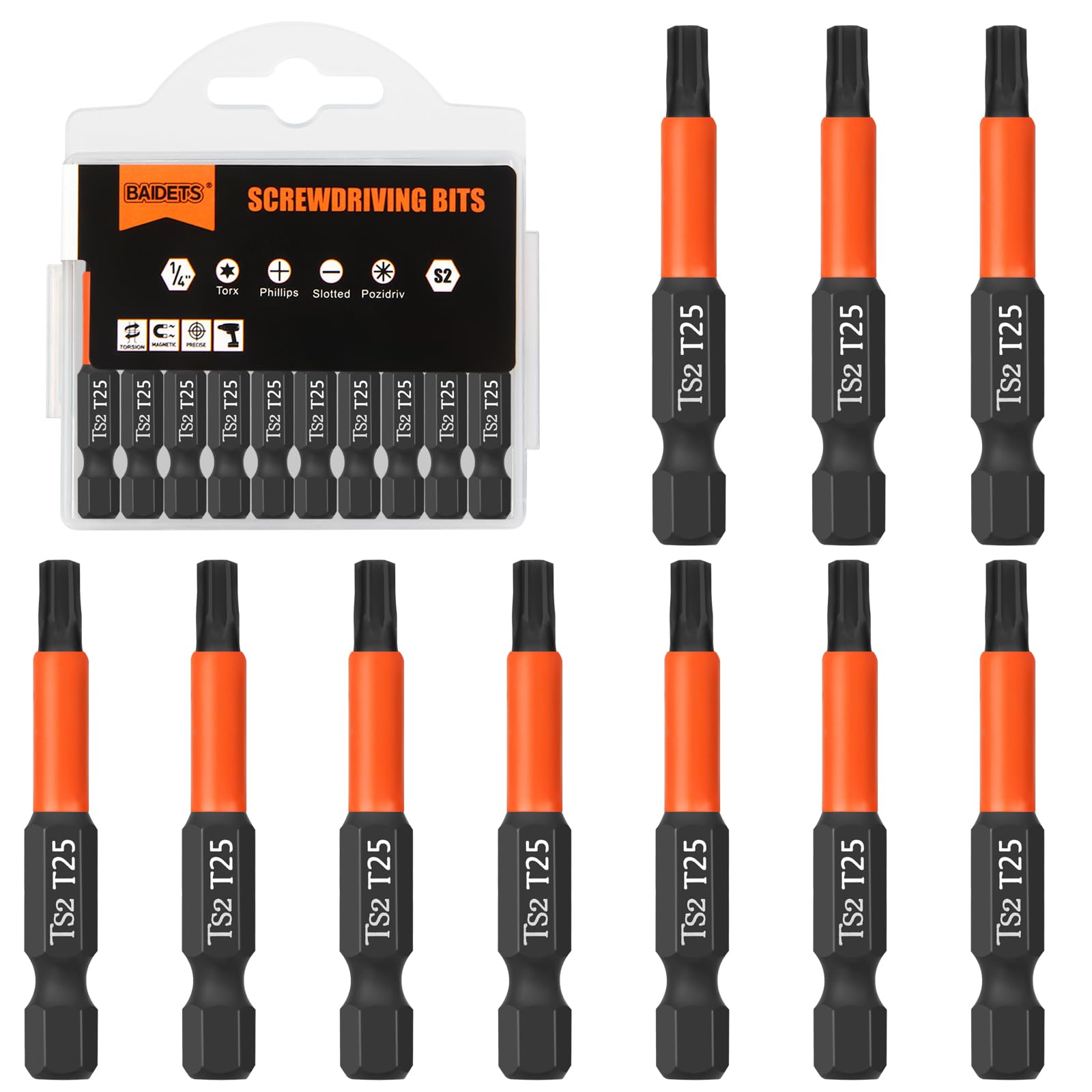 BAIDETS Pro T25 Screwdriver Bit Set - Screwdriver Torx 10 Pieces, 50 mm Length, 1/4 Inch Hex Shank Bit Assortment, with Dispenser Box