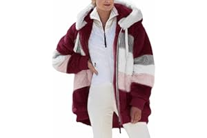 Micoson Women Fashion Color Block Faux Shearling Coat Warm Hooded Zip Up Fuzzy Winter Jacket with Pockets