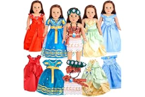 MIKYRA 18-Inch Girl Doll Clothes Princess Dress - 5 Sets Princess Dresses Includes Pocahontas, Merida, Tiana, Elena, Cinderella Fits 18” Dolls (Set5-02)