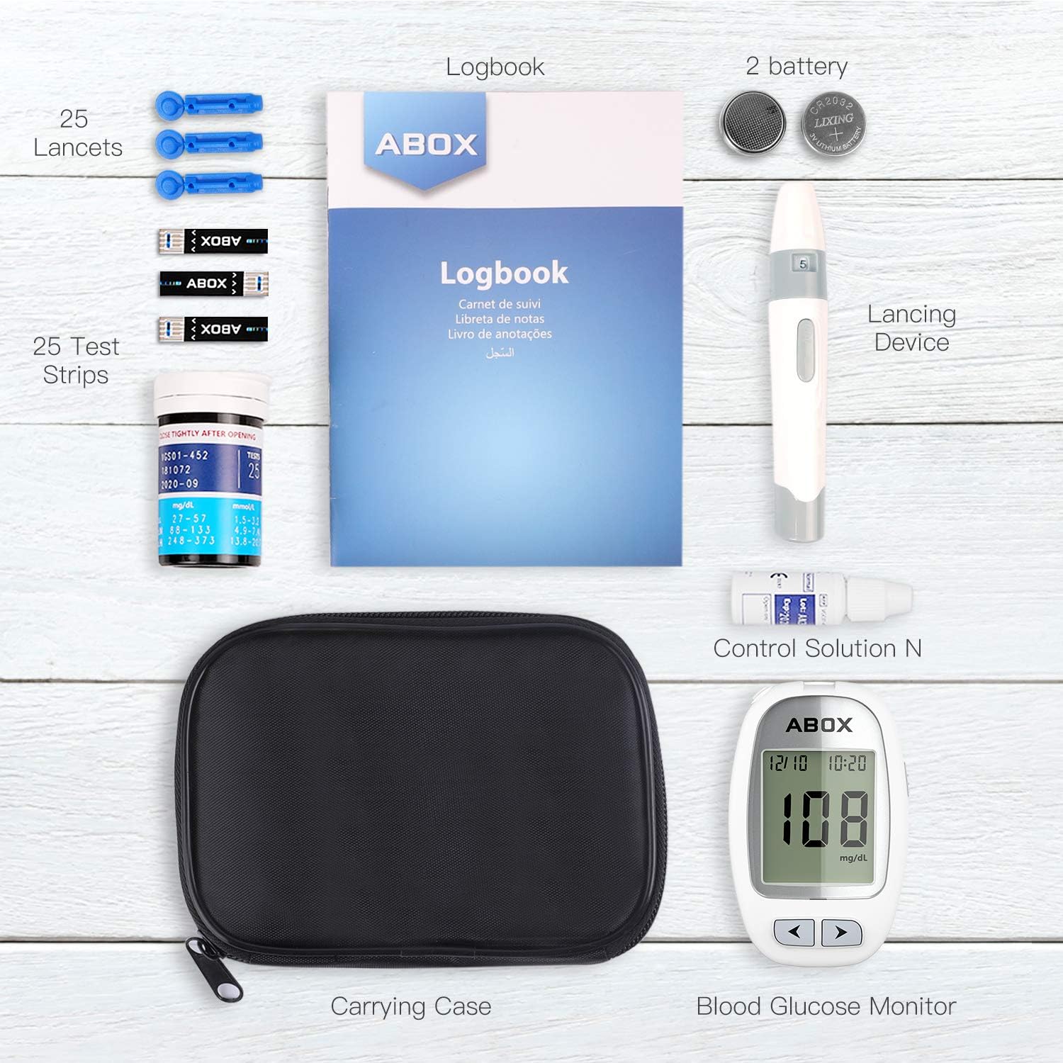 Blood Glucose Monitor, ABOX Diabetes Testing Kit Glucose Meter Kit with 25 Test Strips, 25 Lancets, Lancing Device, Control Solution and Carrying Bag for Blood Sugar Level Monitoring: Health & Personal Care